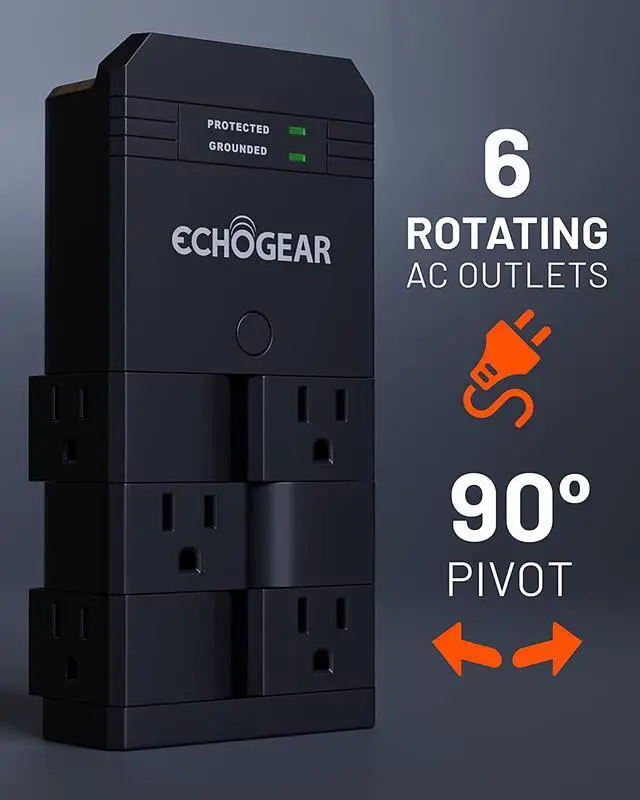 Alt view image 3 of 7 - ECHOGEAR On-Wall Surge Protector with 6 Pivoting AC Outlets & 1080 Joules of Surge Protection - Low Profile Design Installs Over Existing Outlets to Protect Your Gear (Black)