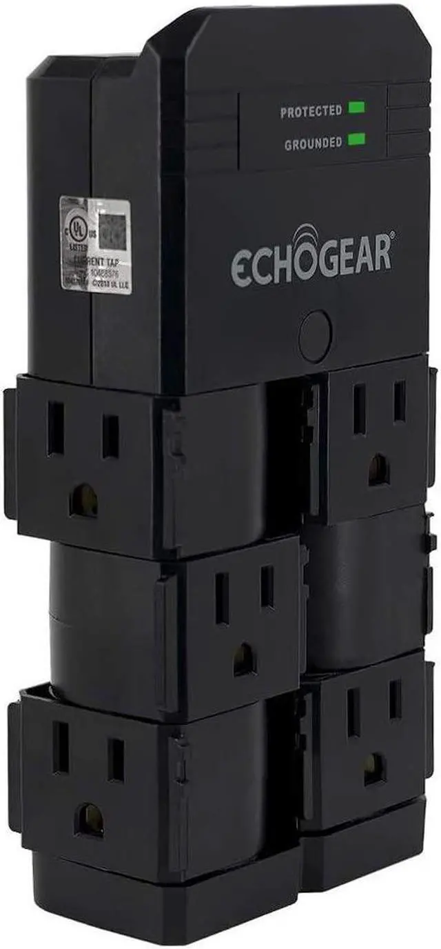 Main image of ECHOGEAR On-Wall Surge Protector with 6 Pivoting AC Outlets & 1080 Joules of Surge Protection - Low Profile Design Installs Over Existing Outlets to Protect Your Gear (Black)