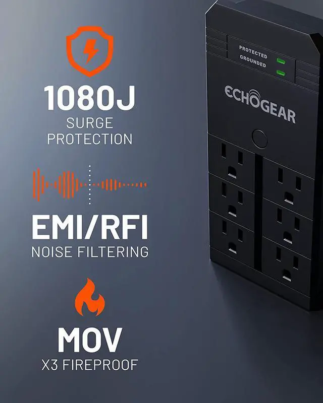 Alt view image 2 of 7 - ECHOGEAR On-Wall Surge Protector with 6 Pivoting AC Outlets & 1080 Joules of Surge Protection - Low Profile Design Installs Over Existing Outlets to Protect Your Gear (Black)