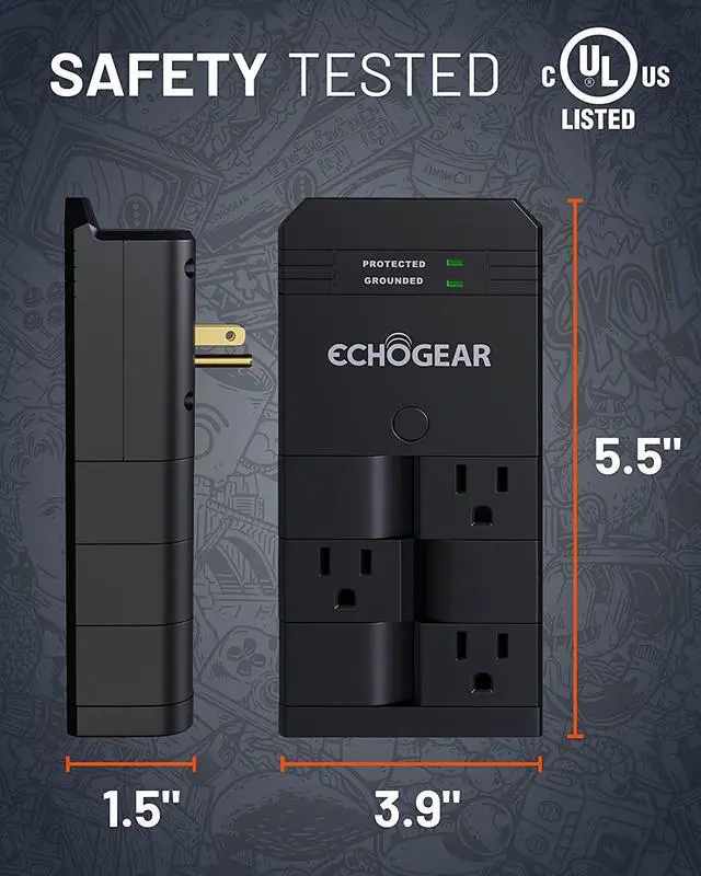 Alt view image 4 of 7 - ECHOGEAR On-Wall Surge Protector with 6 Pivoting AC Outlets & 1080 Joules of Surge Protection - Low Profile Design Installs Over Existing Outlets to Protect Your Gear (Black)