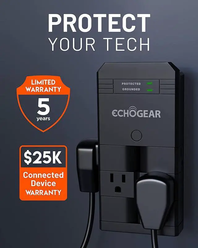 Alt view image 7 of 7 - ECHOGEAR On-Wall Surge Protector with 6 Pivoting AC Outlets & 1080 Joules of Surge Protection - Low Profile Design Installs Over Existing Outlets to Protect Your Gear (Black)