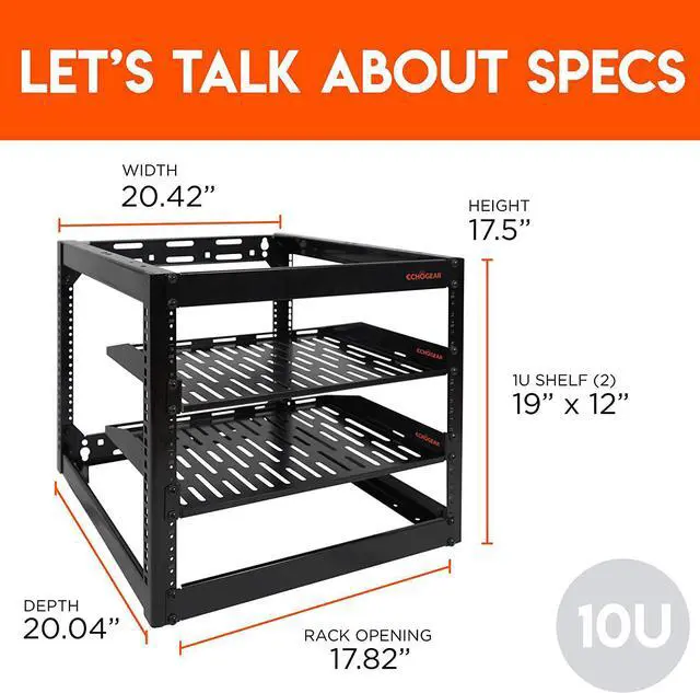 Alt view image 5 of 6 - ECHOGEAR 10U Open Frame Rack - Wall Mountable Heavy Duty 4 Post Design Holds All Your Networking & AV Gear - Includes 2 1U Vented Shelves & Mounting Hardware