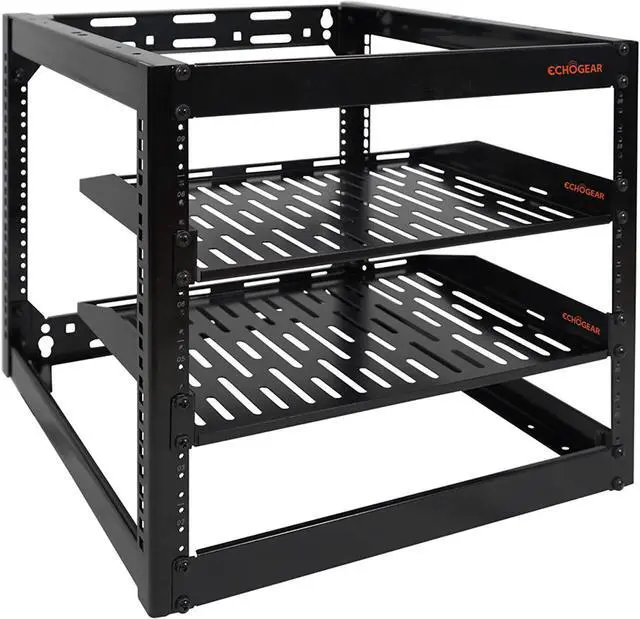 Main image of ECHOGEAR 10U Open Frame Rack - Wall Mountable Heavy Duty 4 Post Design Holds All Your Networking & AV Gear - Includes 2 1U Vented Shelves & Mounting Hardware