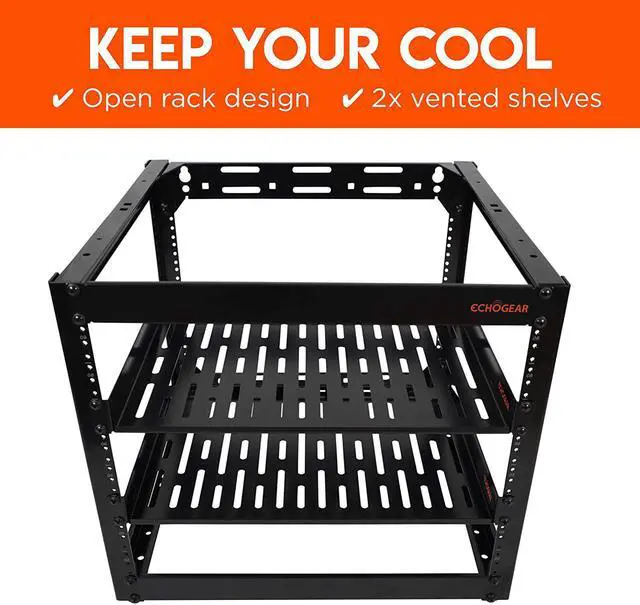 Alt view image 4 of 6 - ECHOGEAR 10U Open Frame Rack - Wall Mountable Heavy Duty 4 Post Design Holds All Your Networking & AV Gear - Includes 2 1U Vented Shelves & Mounting Hardware