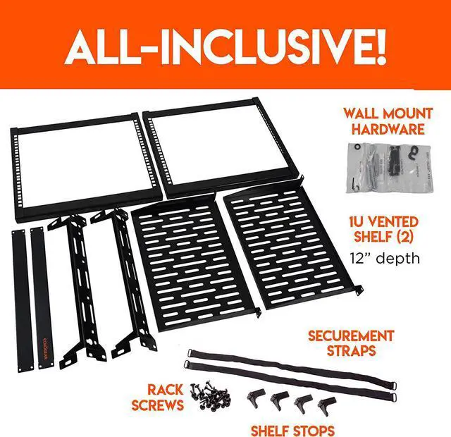 Alt view image 3 of 6 - ECHOGEAR 10U Open Frame Rack - Wall Mountable Heavy Duty 4 Post Design Holds All Your Networking & AV Gear - Includes 2 1U Vented Shelves & Mounting Hardware