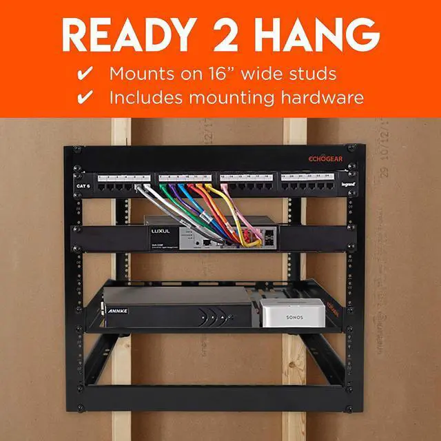 Alt view image 2 of 6 - ECHOGEAR 10U Open Frame Rack - Wall Mountable Heavy Duty 4 Post Design Holds All Your Networking & AV Gear - Includes 2 1U Vented Shelves & Mounting Hardware