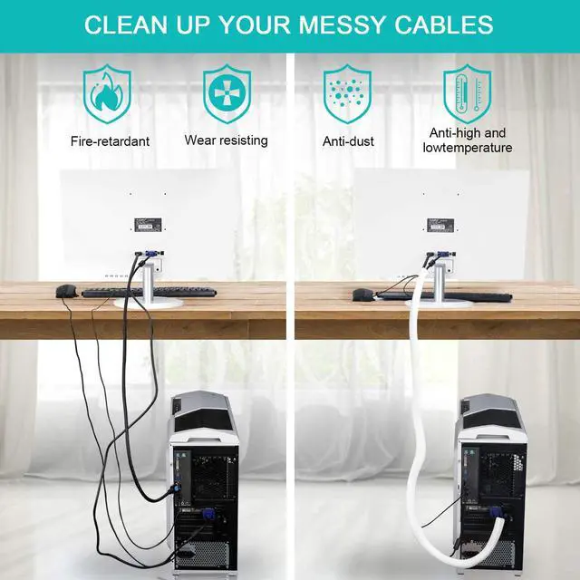 Alt view image 4 of 6 - 20ft - 1/2 inch White Cable Sleeve, Cable Organizer for Desk PC TV Computer, Wire Protector Cable Wrap Cover, Cord Management for Home Office