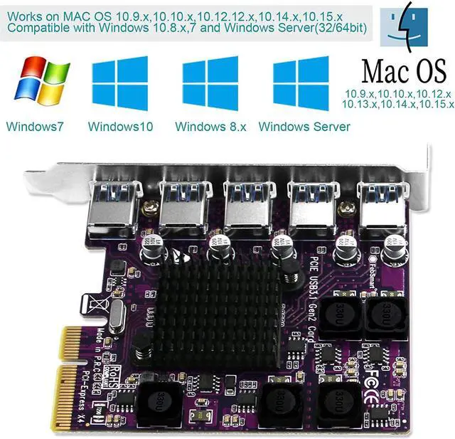 Alt view image 5 of 7 - FebSmart 5X 10Gbps USB-A Ports PCIE USB 3.2 Gen 2 Expansion Card for Windows 7.8,8.1,10,Server; MAC OS 10.9.x, 10.10.x, 10.12.x, 10.13.x, 10.14.x, 10.15.x-Build in Self-Powered Technology