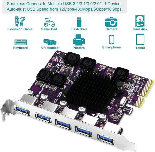 Alt view image 4 of 7 - FebSmart 5X 10Gbps USB-A Ports PCIE USB 3.2 Gen 2 Expansion Card for Windows 7.8,8.1,10,Server; MAC OS 10.9.x, 10.10.x, 10.12.x, 10.13.x, 10.14.x, 10.15.x-Build in Self-Powered Technology