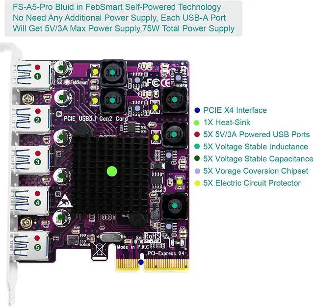 Alt view image 3 of 7 - FebSmart 5X 10Gbps USB-A Ports PCIE USB 3.2 Gen 2 Expansion Card for Windows 7.8,8.1,10,Server; MAC OS 10.9.x, 10.10.x, 10.12.x, 10.13.x, 10.14.x, 10.15.x-Build in Self-Powered Technology
