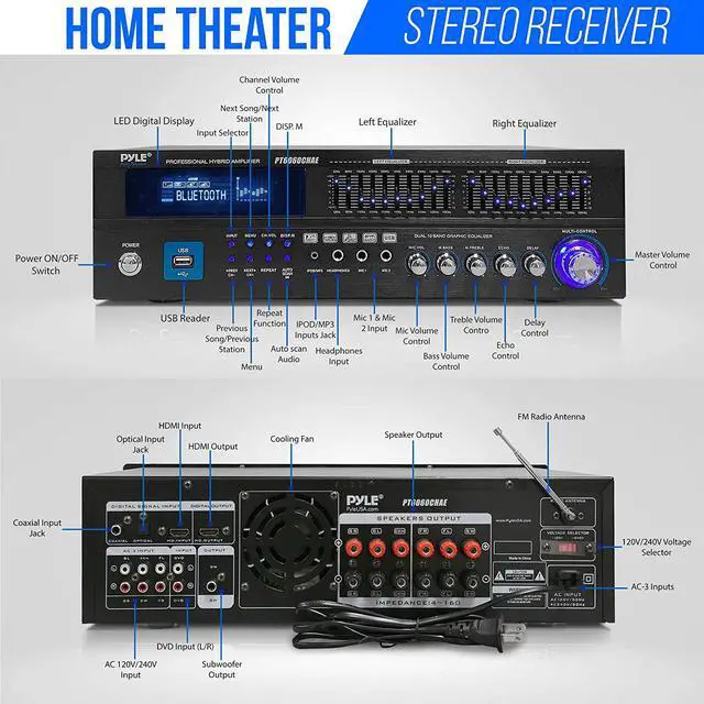 Alt view image 2 of 20 - FCH 6-Channel Bluetooth Hybrid Home Amplifier,2000W Home Audio Rack Mount Stereo Power Amplifier Receiver w/Radio, USB/AUX/RCA/Mic, Optical/Coaxial, AC-3, DVD Inputs, Dual 10 Band EQ