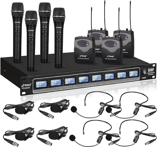 Main image of Pyle 8 Ch UHF Wireless Microphone System & Rack Mountable Base 4 Handheld MICS 4 Headsets, 4 Belt Packs, 4 Lavelier/Lapel MIC with Independent Volume Controls AF & RF Signal Indicators