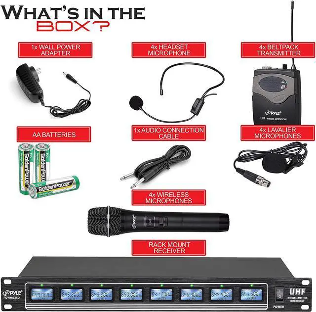 Alt view image 6 of 6 - Pyle 8 Ch UHF Wireless Microphone System & Rack Mountable Base 4 Handheld MICS 4 Headsets, 4 Belt Packs, 4 Lavelier/Lapel MIC with Independent Volume Controls AF & RF Signal Indicators