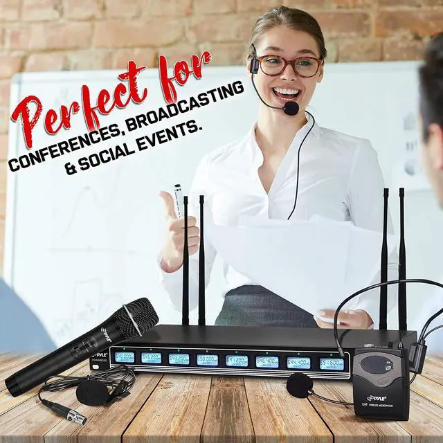 Alt view image 5 of 6 - Pyle 8 Ch UHF Wireless Microphone System & Rack Mountable Base 4 Handheld MICS 4 Headsets, 4 Belt Packs, 4 Lavelier/Lapel MIC with Independent Volume Controls AF & RF Signal Indicators