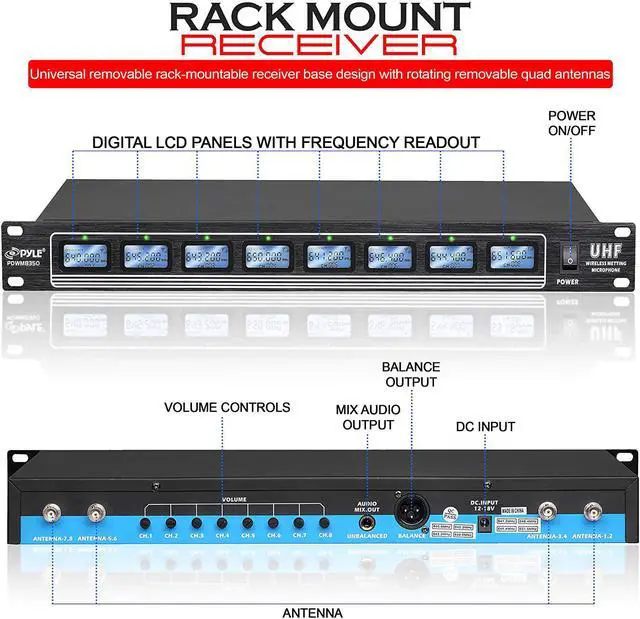 Alt view image 2 of 6 - Pyle 8 Ch UHF Wireless Microphone System & Rack Mountable Base 4 Handheld MICS 4 Headsets, 4 Belt Packs, 4 Lavelier/Lapel MIC with Independent Volume Controls AF & RF Signal Indicators