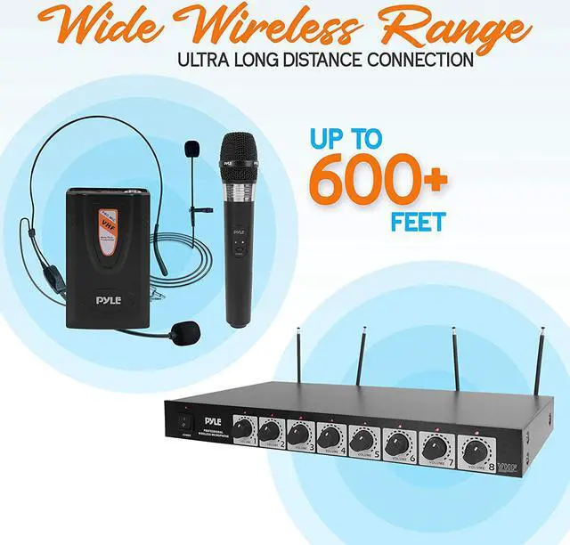 Alt view image 3 of 6 - 8 Channel Wireless Microphone System - Professional VHF Audio Mic Set with 1/4", XLR Jack - 4 Headset, 4 Clip Lavalier, 4 Handheld Mic, 4 Transmitter, Receiver - For Karaoke PA, DJ - Pyle