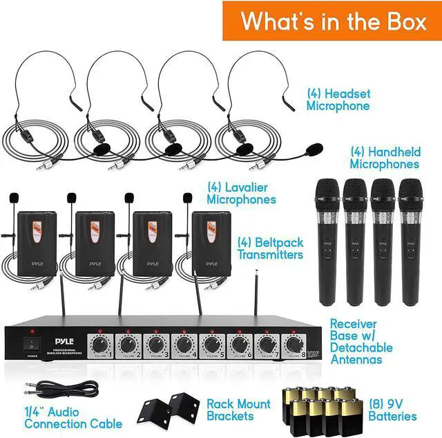 Alt view image 6 of 6 - 8 Channel Wireless Microphone System - Professional VHF Audio Mic Set with 1/4", XLR Jack - 4 Headset, 4 Clip Lavalier, 4 Handheld Mic, 4 Transmitter, Receiver - For Karaoke PA, DJ - Pyle