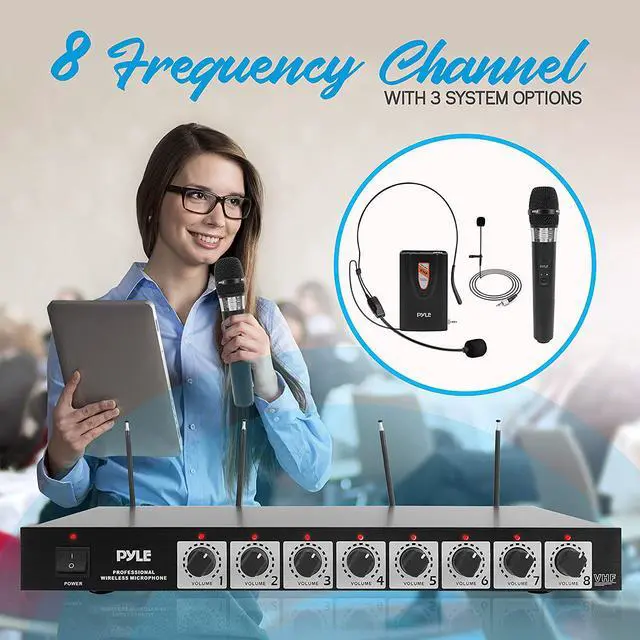 Alt view image 5 of 6 - 8 Channel Wireless Microphone System - Professional VHF Audio Mic Set with 1/4", XLR Jack - 4 Headset, 4 Clip Lavalier, 4 Handheld Mic, 4 Transmitter, Receiver - For Karaoke PA, DJ - Pyle