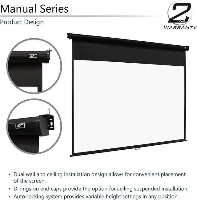 Alt view image 2 of 6 - Elite Screens Manual Series, 100-INCH 4:3, Pull Down Manual Projector Screen with AUTO LOCK, Movie Home Theater 8K / 4K Ultra HD 3D Ready, 2-YEAR WARRANTY, 4:3, black
