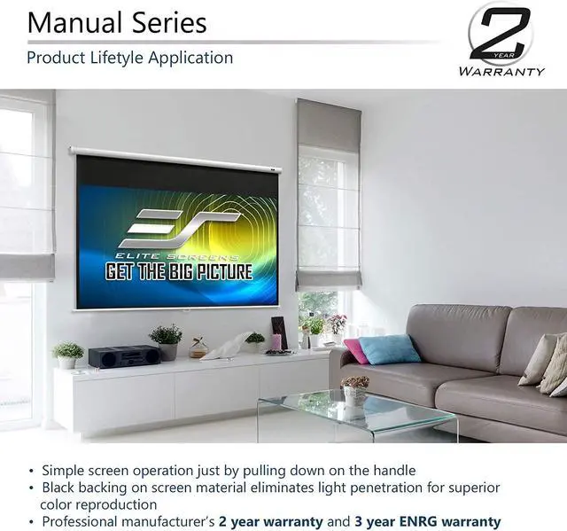 Alt view image 4 of 5 - Elite Screens Manual Series, 100-INCH 16:9, Pull Down Manual Projector Screen with AUTO Lock, Movie Home Theater 8K / 4K Ultra HD 3D Ready, 2-Year Warranty