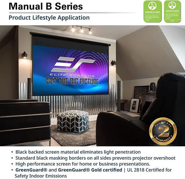 Alt view image 4 of 4 - Elite Screens Manual B Series, 120-INCH Pull Down Projector Screen with Auto-Lock / Slow Retract Mechanism, 4K / 8K 3D Ultra HDR HD Ready Home Cinema Theater Presentation Education