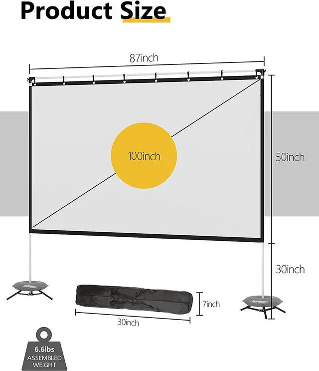 Alt view image 3 of 5 - Portable Projector Screen with Stand, 100 Inch Projection Screen 16:9, 4K HD Rear Front Projections Movies Screen with Carry Bag for Indoor Outdoor Home Theater Backyard Cinema Travel