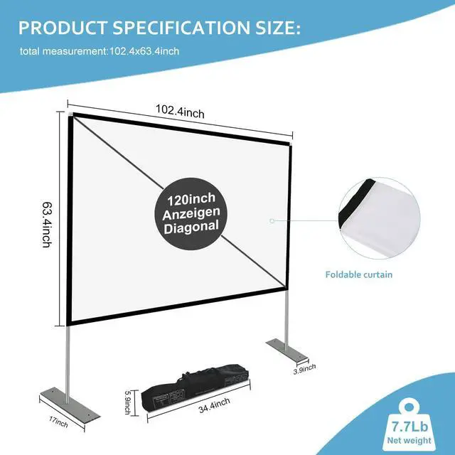 Alt view image 2 of 6 - Projector Screen with Stand 120 inch 16:9 HD 4K Outdoor Indoor Projection Screen for Home Theater 3D Fast-Folding Projector Screen with Stand Legs and Carry Bag Projection Movie Wrinkle-Free