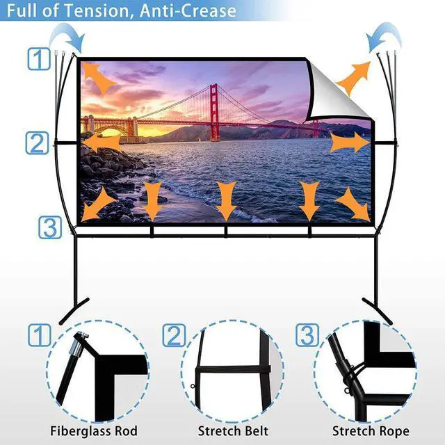 Alt view image 3 of 6 - Projector Screen with Stand Foldable Portable Movie Screen 100 Inch 16:9, HD 4K Double Sided Projection Screen Indoor Outdoor Projector Movies Screen for Home Theater