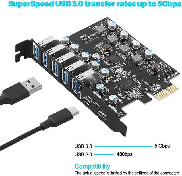 Alt view image 5 of 5 - PCI-E to USB 3.0 7-Port(2X USB-C - 5X USB-A ) Expansion Card ,PCI Express USB Add in Card , Internal USB3 Hub Converter for Desktop PC Host Card Support Windows 10/8/7/XP and MAC OS 10.8.2 Above
