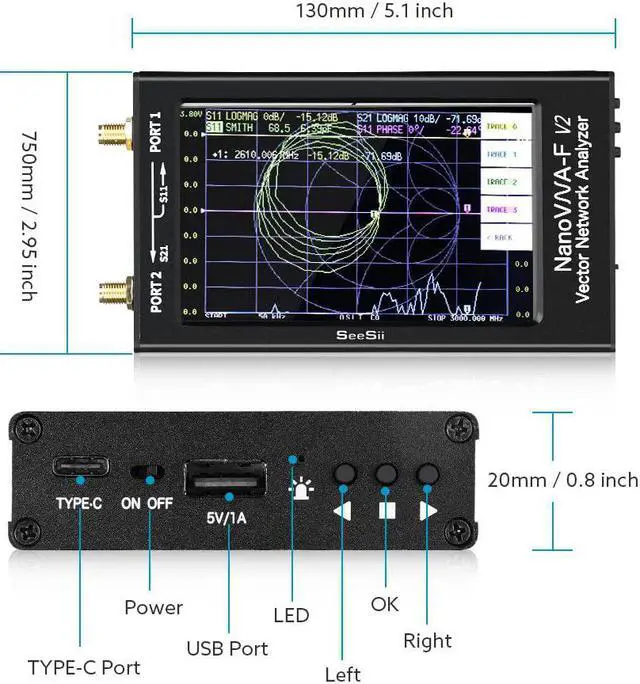 Alt view image 7 of 7 - Upgraded NanoVNA-F V2 Vector Network Analyzer 50kHz-3000MHz HF VHF UHF VNA Antenna Analyzer 4.3 inch with 5000mAh,Measuring S-Parameter Voltage SWR, Phase, delay, Smith Chart