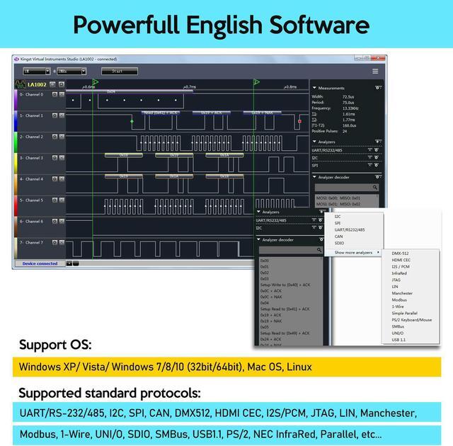 Alt view image 4 of 7 - LA1010 USB Logic Analyzer 16 Input Channels 100MHz with The English PC Software Handheld Instrument,Support Windows (32bit/64bit),Mac OS,Linux
