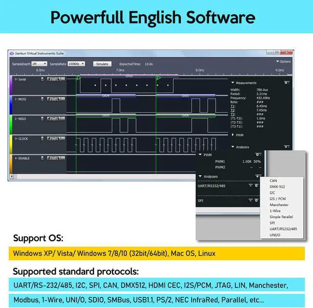 Alt view image 4 of 7 - LA2016 USB Logic Analyzer Full 16 Channels 200MHz Sampling Rate with The English PC Software Handheld Instrument, Support Windows (32bit/64bit),Mac OS,Linux