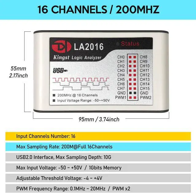 Alt view image 3 of 7 - LA2016 USB Logic Analyzer Full 16 Channels 200MHz Sampling Rate with The English PC Software Handheld Instrument, Support Windows (32bit/64bit),Mac OS,Linux