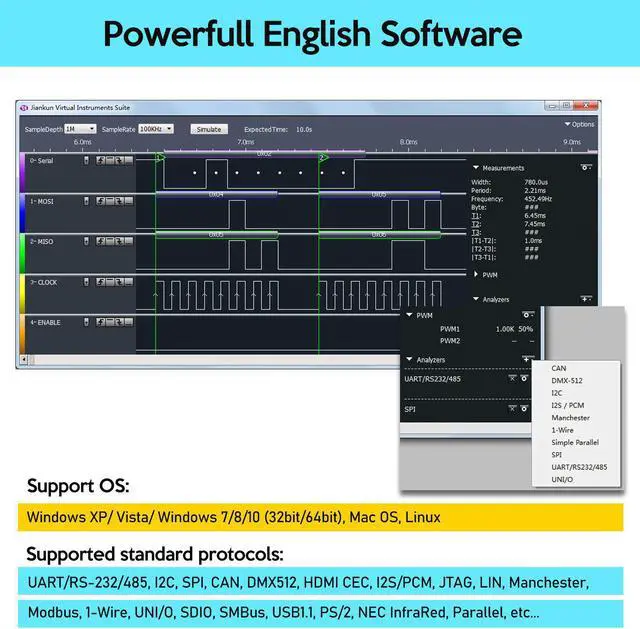 Alt view image 4 of 6 - InnoMaker LA5016 USB Logic Analyzer 16Channels 500M Max Sample Rate 10GB Samples MCU/ARM/FPGA Debug Tool English Software Support Windows (32bit/64bit),Mac OS,Linux
