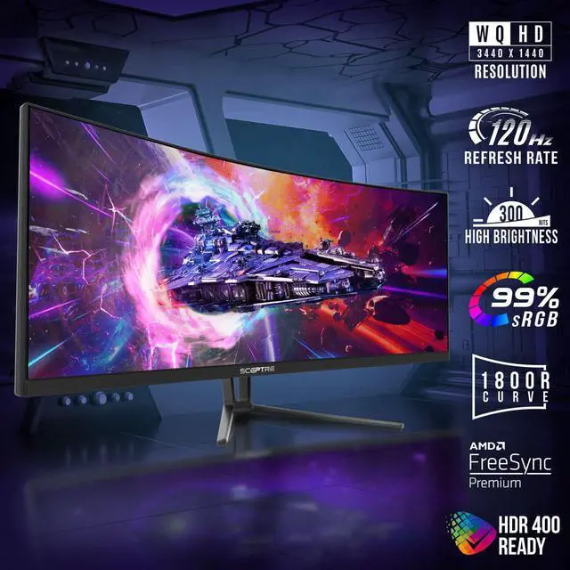 Alt view image 4 of 6 - Sceptre 35 Inch Curved UltraWide 21: 9 LED Creative Monitor QHD 3440x1440 Frameless AMD Freesync HDMI DisplayPort Up to 100Hz, Machine Black 2020