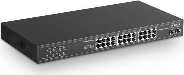 Main image of 26 Port Gigabit PoE Switch, 24 Gigabit PoE+ Ports, 2 Gigabit SFP Uplink, 300W IEEE802.3af/at, Fanless Rackmount Unmanaged Plug and Play Ethernet Switch