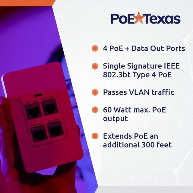 Alt view image 3 of 6 - 4 Port in-Wall Gigabit PoE Extender with IEEE 802.3bt Uplink - Power Over Ethernet Switch Wall Plate with Full Passthrough VLAN Computer Network, IP Camera Feed, Internet Office VoIP