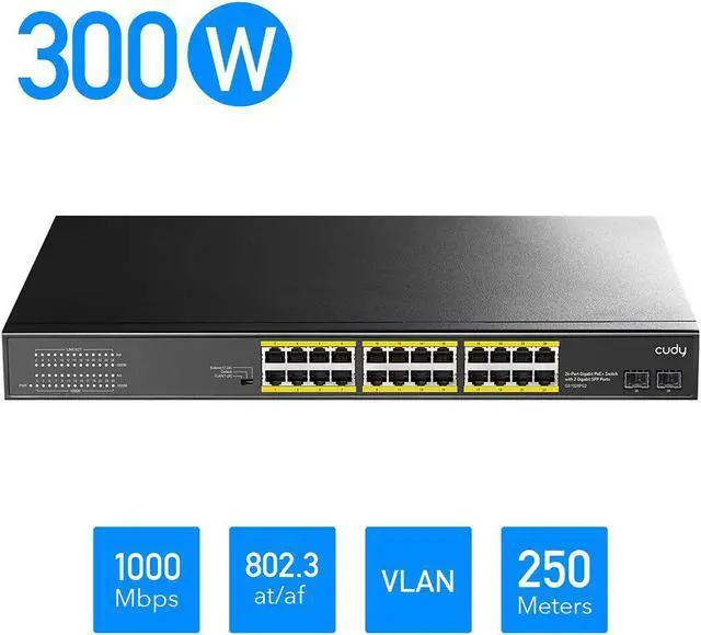 Alt view image 4 of 7 - Cudy 24 Gigabit Ethernet Unmanaged PoE+ Switch, 300W, 24 * 100/1000Mbps PoE+ Ports, 2 Gigabit SFP, CCTV/VLAN Mode, 19-inch Rackmount, 802.3af/at