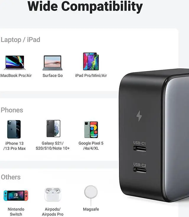 Alt view image 7 of 7 - 100W USB C Wall Charger - 2-Port GaN PD Fast Charger Power Adapter Compatible with MacBook Pro/Air, iPad Pro/Mini, iPhone 13/13 Mini/13 Pro/13 Pro Max/12, Dell XPS, Galaxy and Pixel