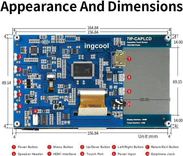 Alt view image 7 of 7 - Ingcool 7 inch Capacitive Touch Screen IPS Screen Display 1024x600 Resolution 7" HDMI LCD Module for Raspberry Pi, Jetson Nano Developer Kit, PC Supports Various Systems