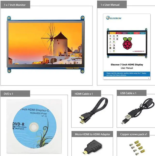 Alt view image 6 of 6 - ELECROW Raspberry Pi Screen Touchscreen 7 Inch Mini HDMI Monitor LCD Screen 1024x600 Compatible with Raspberry Pi 400 4 3B+ 3B Windows PC