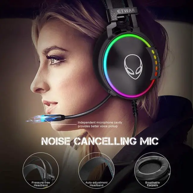 Alt view image 3 of 7 - USB Gaming Headset with Microphone 7.1 Surround Sound Gaming Headphones Mic Noise Cancelling Game Headset Memory Foam Ear Pads RGB Lights Headset for PC PS/4 Laptops MAC
