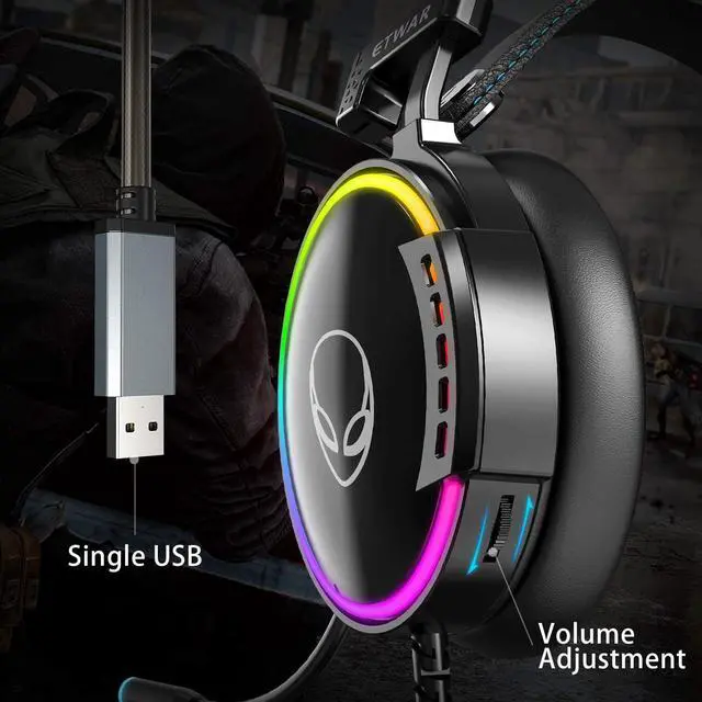 Alt view image 5 of 7 - USB Gaming Headset with Microphone 7.1 Surround Sound Gaming Headphones Mic Noise Cancelling Game Headset Memory Foam Ear Pads RGB Lights Headset for PC PS/4 Laptops MAC
