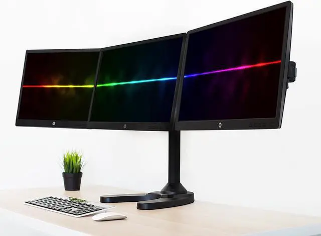 Alt view image 2 of 7 - Triple Monitor Stand | 3 Monitor Stand Mount | Free Standing and Grommet Bases | Fits 19 20 21 22 23 24 Inch Computer Screens | Three Heavy Duty Adjustable Arms | VESA 75 100 Compatible