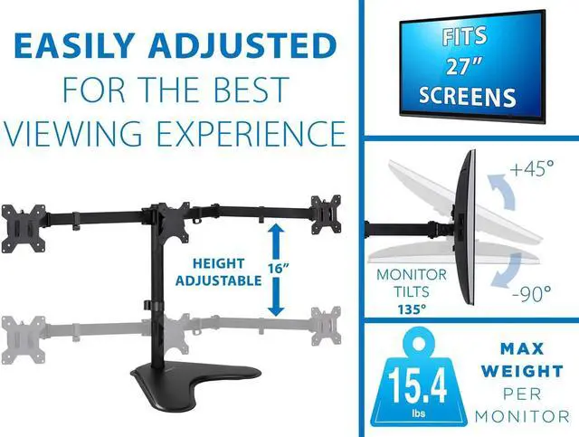 Alt view image 6 of 7 - Mount-It! Triple Monitor Stand | 3 Monitor Stand Fits 19 20 21 22 23 24 Inch Computer Screens | Free Standing Base | Three Heavy Duty Full Motion Adjustable Arms | VESA Compatible