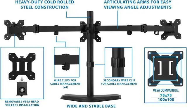 Alt view image 4 of 7 - Mount-It! Triple Monitor Stand | 3 Monitor Stand Fits 19 20 21 22 23 24 Inch Computer Screens | Free Standing Base | Three Heavy Duty Full Motion Adjustable Arms | VESA Compatible