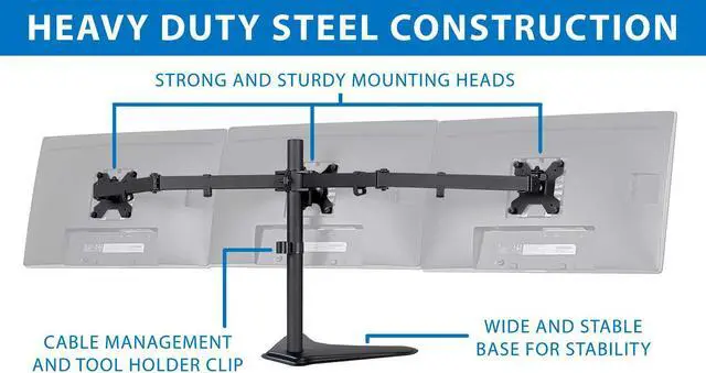 Alt view image 3 of 7 - Mount-It! Triple Monitor Stand | 3 Monitor Stand Fits 19 20 21 22 23 24 Inch Computer Screens | Free Standing Base | Three Heavy Duty Full Motion Adjustable Arms | VESA Compatible