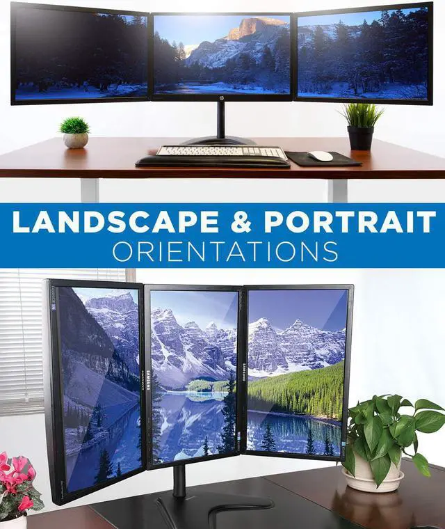 Alt view image 2 of 7 - Mount-It! Triple Monitor Stand | 3 Monitor Stand Fits 19 20 21 22 23 24 Inch Computer Screens | Free Standing Base | Three Heavy Duty Full Motion Adjustable Arms | VESA Compatible