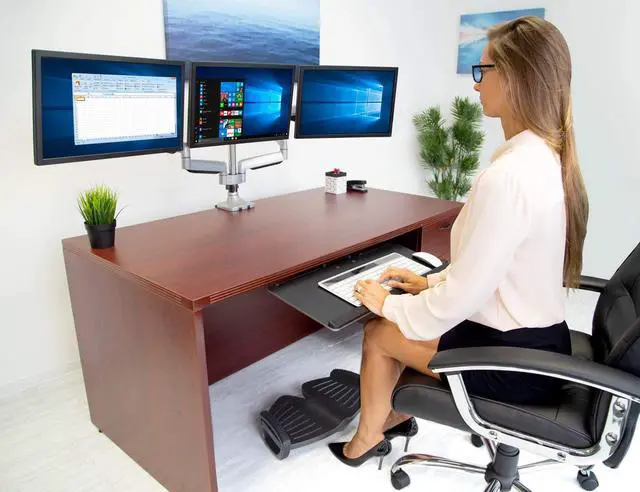 Alt view image 2 of 7 - Mount-It! Triple Monitor Mount | Desk Stand with USB and Audio Ports | 3 Counter-Balanced Gas Spring Height Adjustable Arms for Three 24 27 30 32 Inch VESA Screens | C-Clamp and Grommet Bases Included