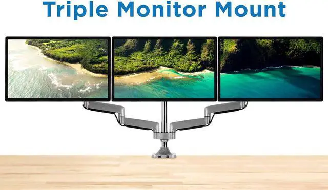Alt view image 3 of 7 - Mount-It! Triple Monitor Mount | Desk Stand with USB and Audio Ports | 3 Counter-Balanced Gas Spring Height Adjustable Arms for Three 24 27 30 32 Inch VESA Screens | C-Clamp and Grommet Bases Included